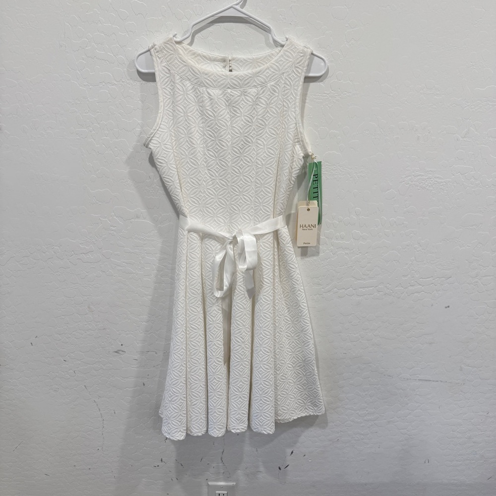 NWT Haani White Midi Dress Women Petite Small Fit Flare Textured Swing Old Money